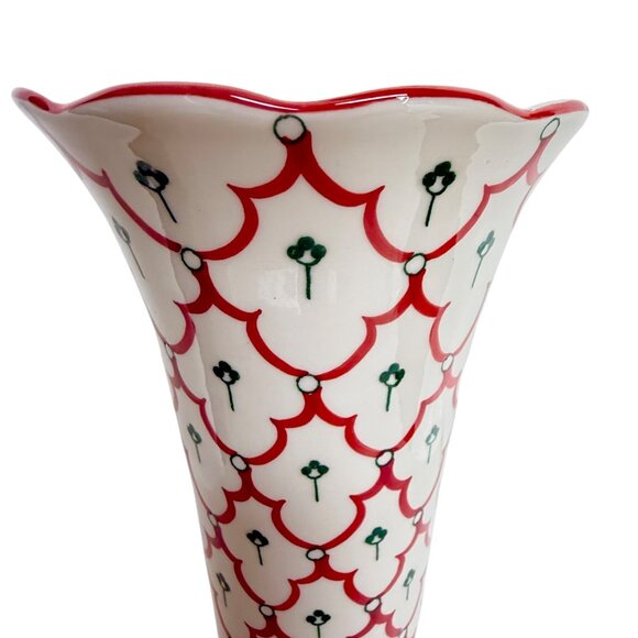 Andrea By Sadek 8" Ceramic Vase Red Green Blue Pattern Flared Scalloped Rim - Picture 4 of 8